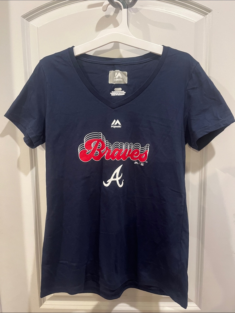 Majestic Navy Atlanta Braves V-Neck Tee with Red Script